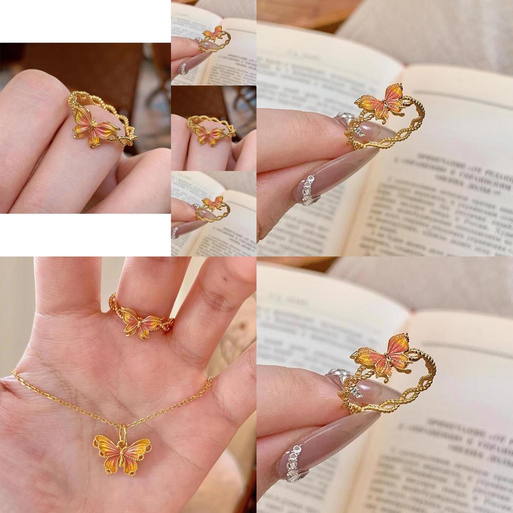Elegant French Butterfly Design Gold Gradient Adjustable Ring For Women With Enamel Finish