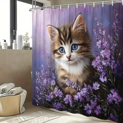 1pc Fluffy Kitten Shower Curtain - Blue-Eyed Kitten, Soft Pastel Flowers, Dreamy Atmosphere, Polyester, 12 Hooks, 70.8x70.8