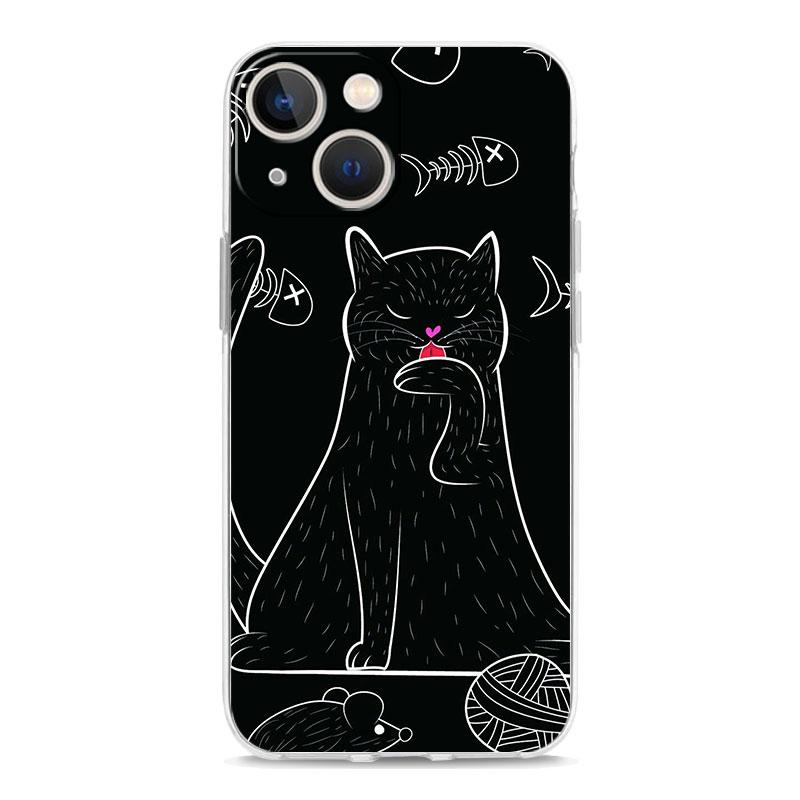 Phone Case For iPhone 16 15 14 13 12 11 Pro Max XS X XR 7 8 Plus Soft Shockproof TPU Clear Cover Black Cat