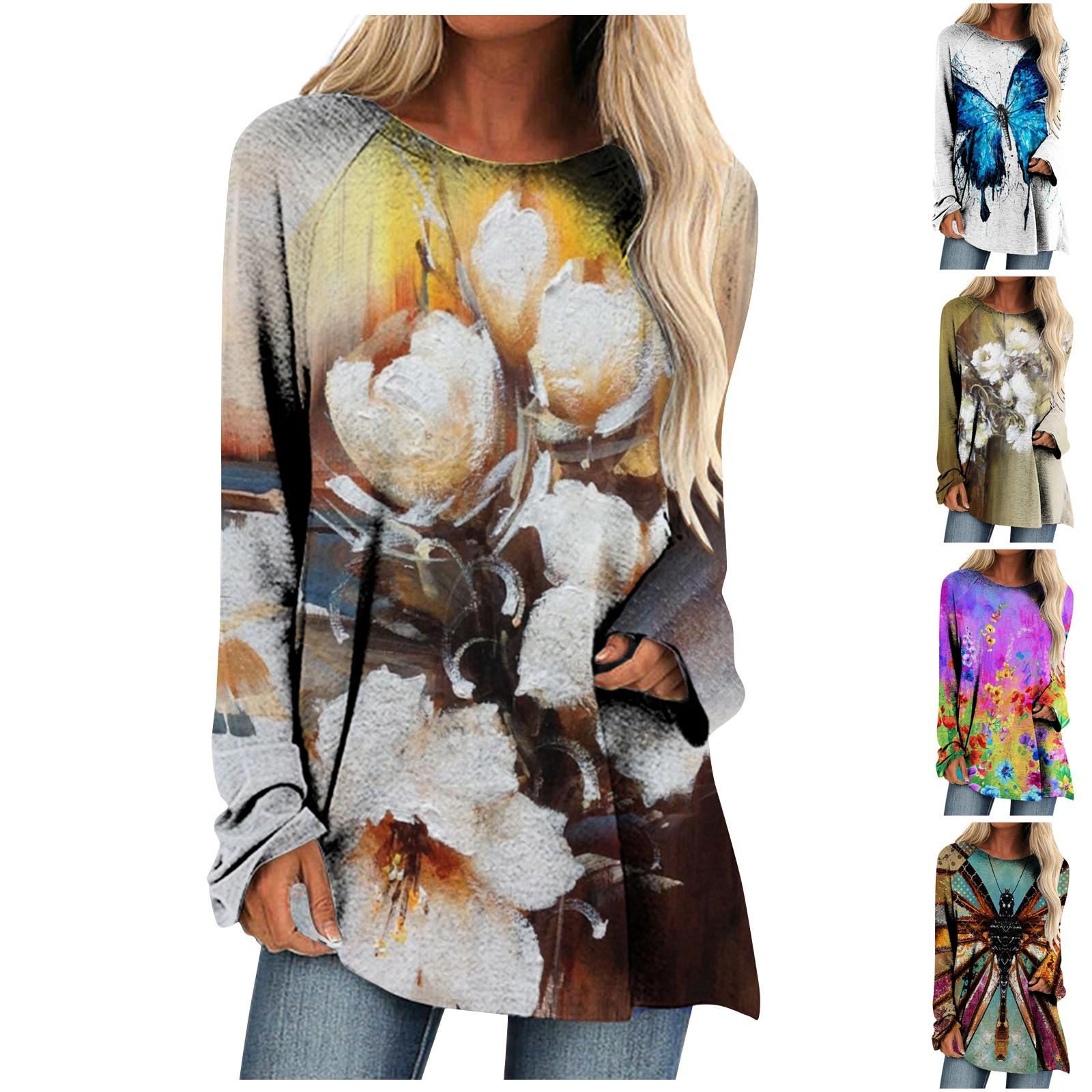 

Модные женские повседневные свободные футболки с круглым вырезом и длинными рукавами с принтом, топы