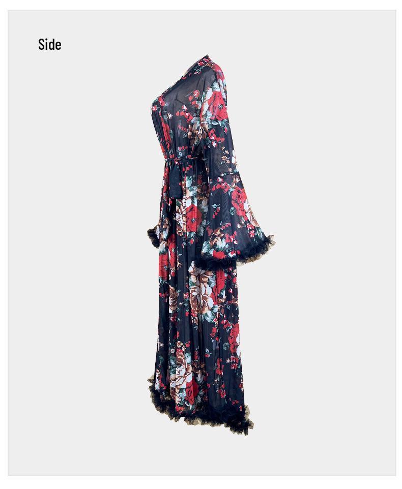 Elegantes Retro-Blumen-Netz-Bademantel mit Federbesatz - Durchsichtiges Loungewear-Design