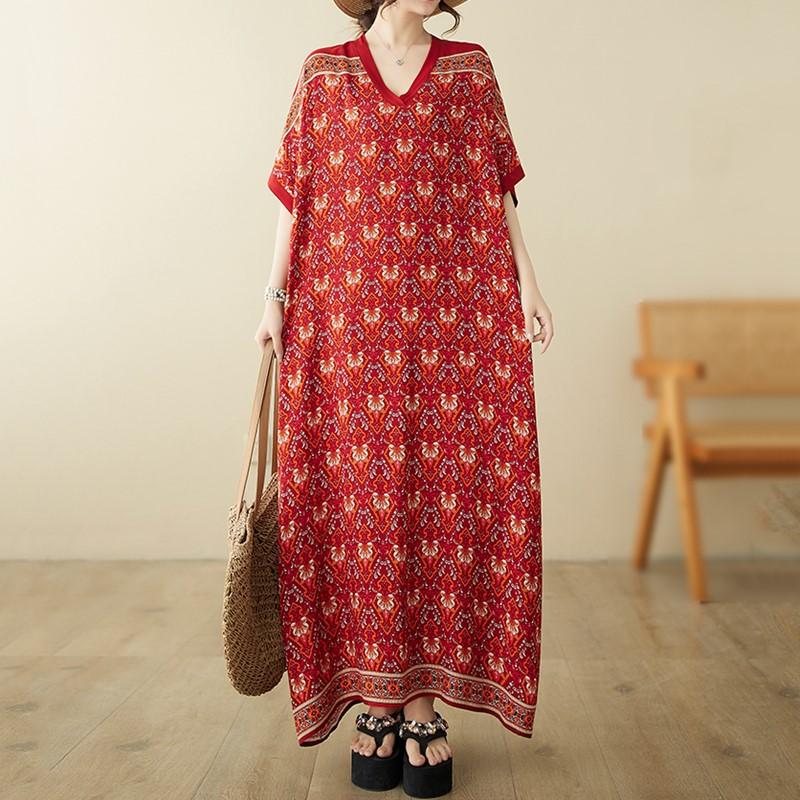 Krátký rukáv Nadměrná velikost vintage květinová novinka v šatech pro ženy ležérní volné Maxi dlouhé letní šaty