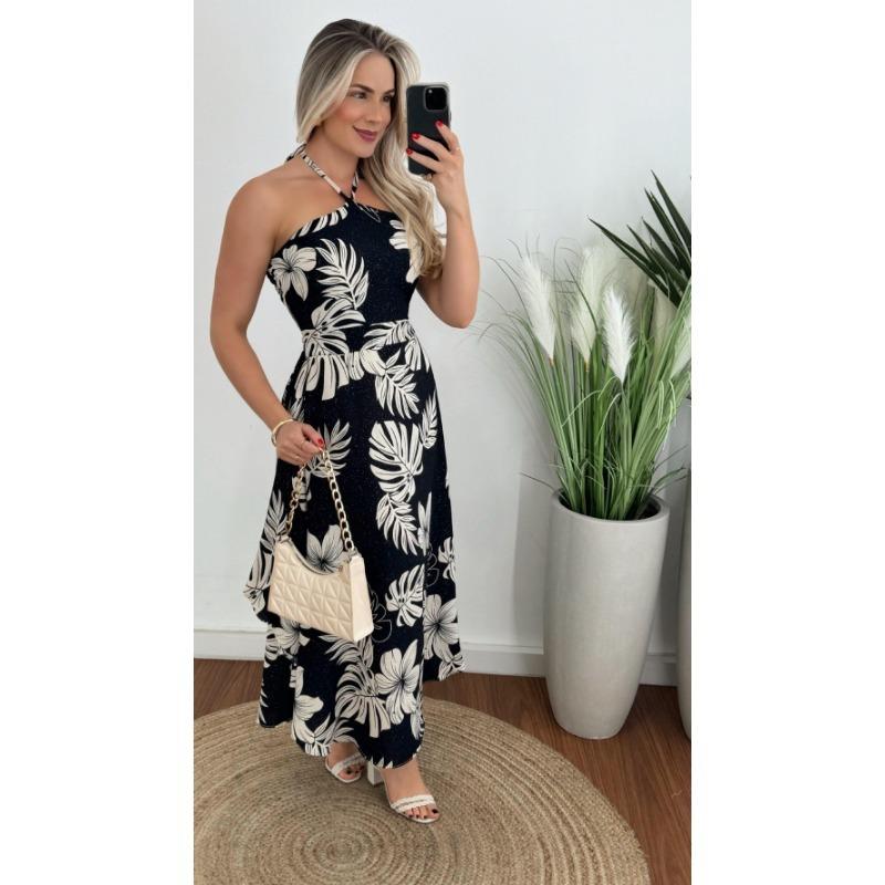 

VEZFAA Женские Модные Летние Весенние Платья Без Рукавов с Вырезом Холтер и Завышенной Талией XL