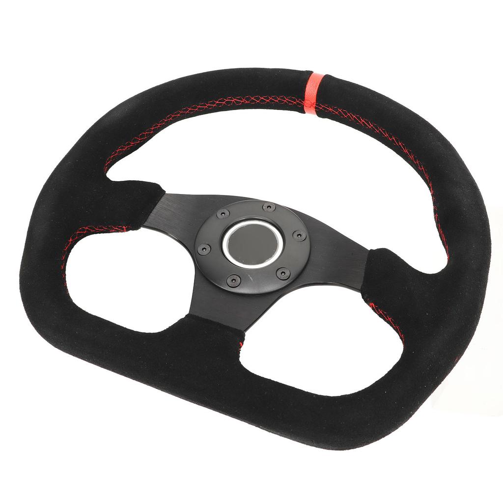 D Shape Steering Wheel 12.8in Suede Leather Race Style Steering Wheel with Red Stitch and Horn Button