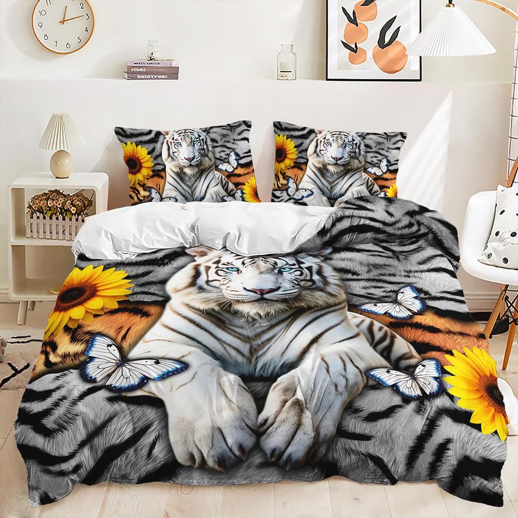 White Tiger Duvet Cover Set Queen Size Wildlife Comforter Covers Animal Print Bedding Set For Boys Girls Kids Art Bedroom Decor