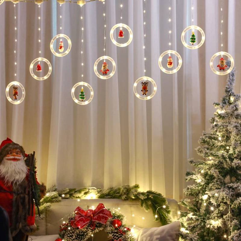 Christmas Led Curtain Lights With Snowman And Santa Shapes For Holiday Party And Indoor Use