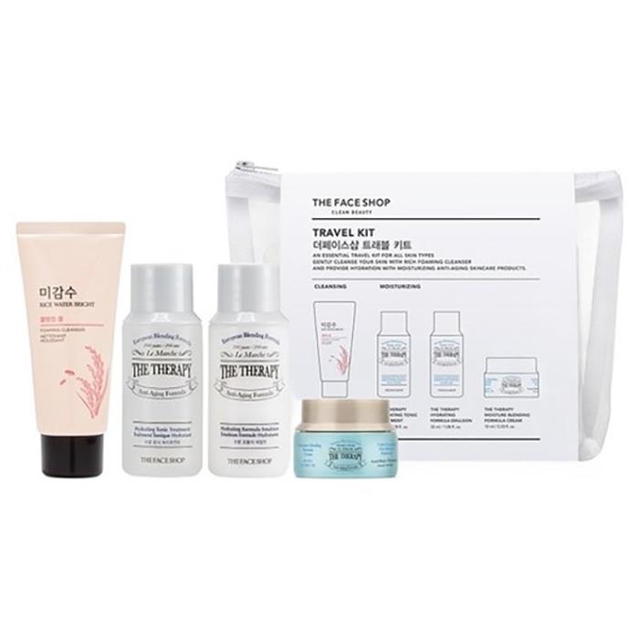 THE FACE SHOP Travel Kit – Cleansing Foam, Treatment, Emulsion, Cream & Pouch Set, Korean