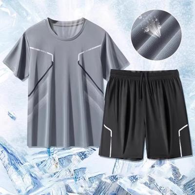 2Pcs/Set Men Tracksuit Set Round Neck Short Sleeve Tee Shirt Elastic Waist Shorts Set Quick-Drying Sportswear