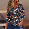 Lady's fashionable casual V-neck buttoned Halloween print three-quarter sleeve