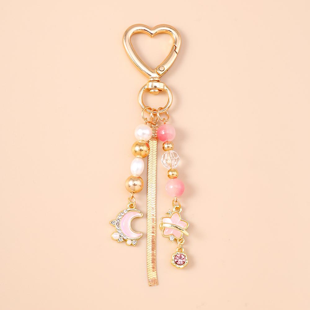 Fashion Star Moon Keychain Crystal Pearl Key Ring Pendants for Women Girls Handbag Decor DIY Handmade Key Chain Gifts
