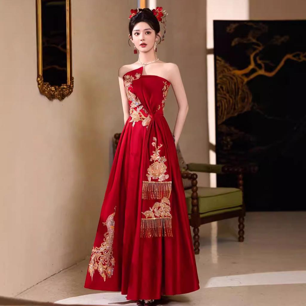 New Chinese tube top toast bride wedding red embroidery heavy industry light luxury engagement dress dress