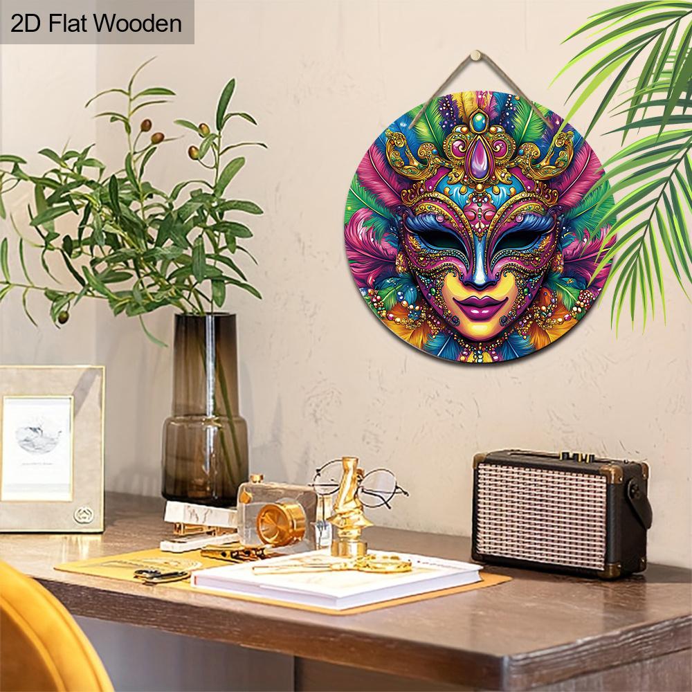 2D Flat, 1pc Mardi Gras Colorful Mask Wooden Sign, Mardi Gras Decoration, Holiday Hanging Decoration, Perfect for Prom Party Decoration, Home
