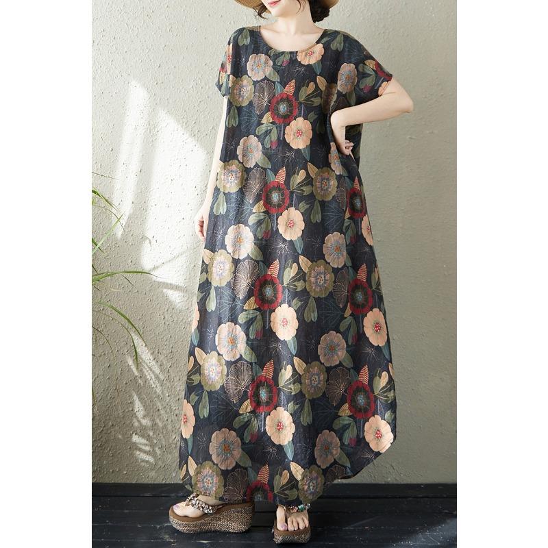 DIMANAF New 2026 Women Plus Size Summer Beach Lady Long Black Dress Loose Oversize Maxi Floral Print Sundress Clothing