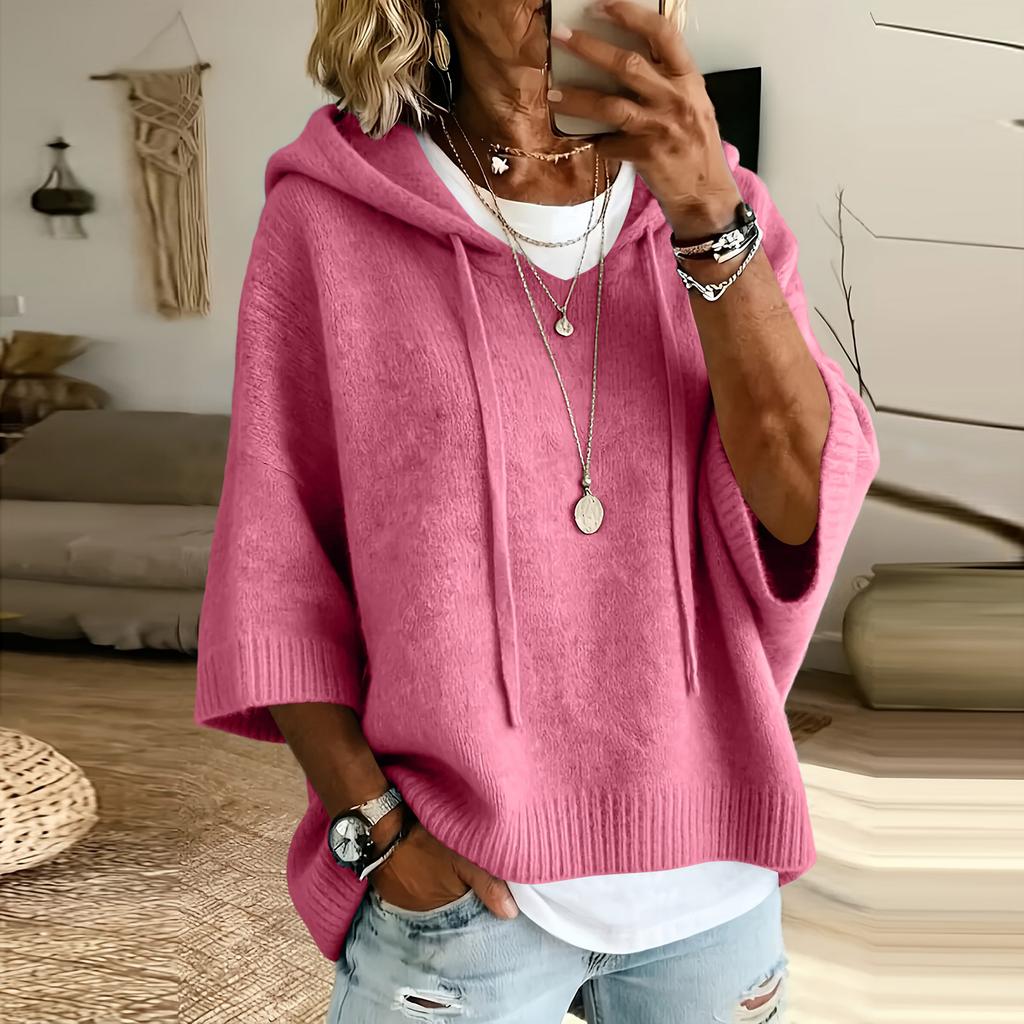 Women's Color Knitted Hooded Sweatshirt with Drawstring New Arrival