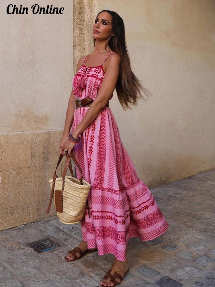 Výšivka Pletené Bez rukávů Špagetová ramínka Dlouhé Plisované Dámské Šaty Léto Pláž Áčkový střih Čtvercový výstřih Dámský Župan