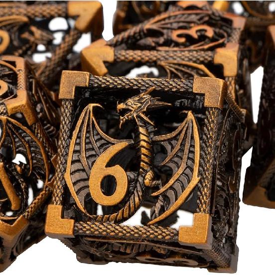 ARUOHHA Hollow DND Dice Set Copper Blue 5-Headed Dragon D and D Dice with Gift Box, Dungeons and Dragons Role Playing Games 7PCS Metal Polyhedral