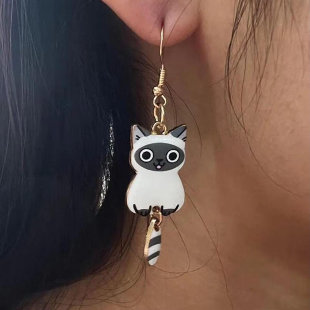 Enamel Zinc Zinc Alloy Cat Dangle Earrings Animal Theme Cartoon Animal Earrings 3D Cat Earrings  Jewelry Set