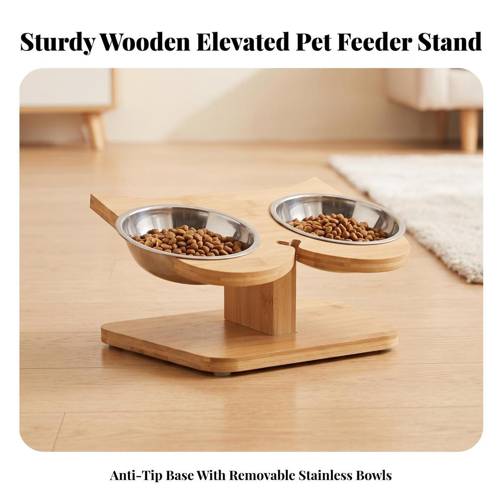 Wooden Pet Feeding Stand with Stainless Steel Bowls Compact for Cats, Young Dogs