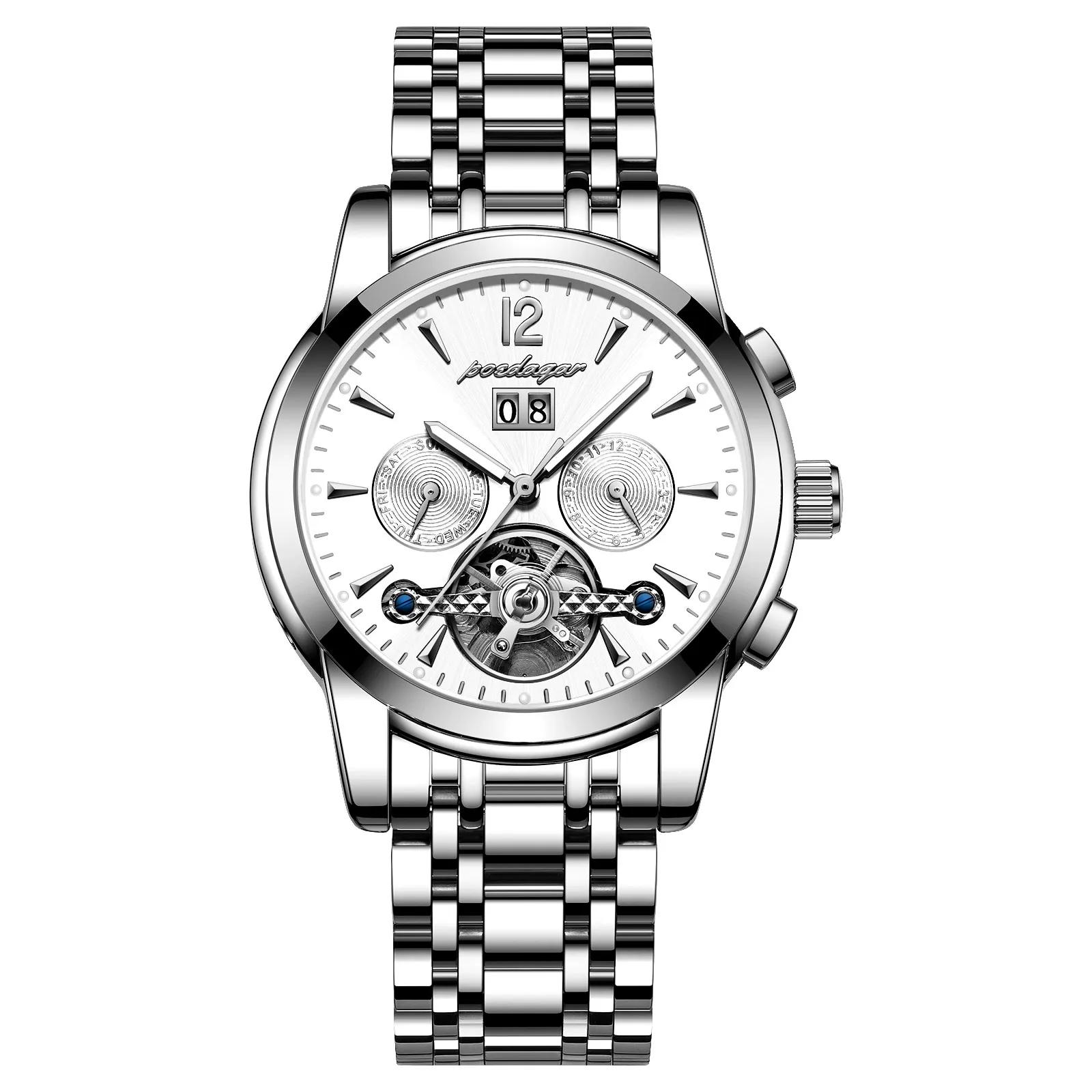 

POEDAGAR автоматические механические роскошные наручные часы скелетон турбийон водонепроницаемые дата и неделя мужские часы из нержавеющей стали белый/серебряный