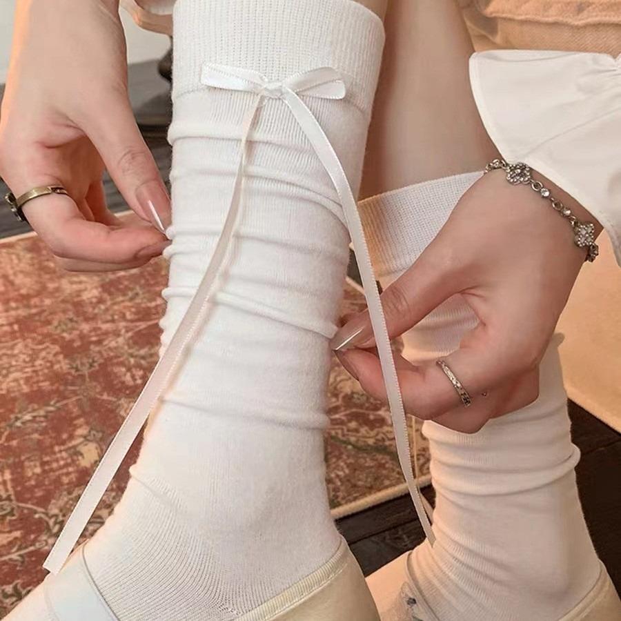 Autumn Women's Calf Socks with Bow Ribbons, High Appearance Level, Ballet Style, Thin and Breathable Lolita Women's Socks