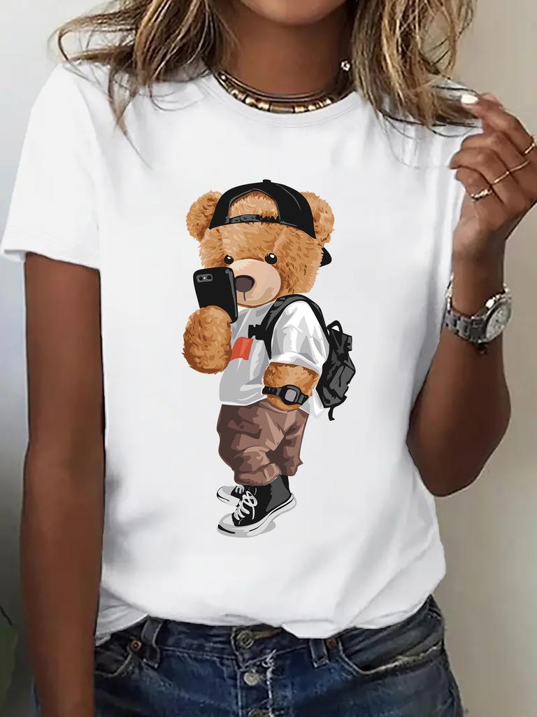 Leisure Comfort Fit Top Women's Activewear Cartoon Bear Pattern Printing Short Sleeve T-shirt