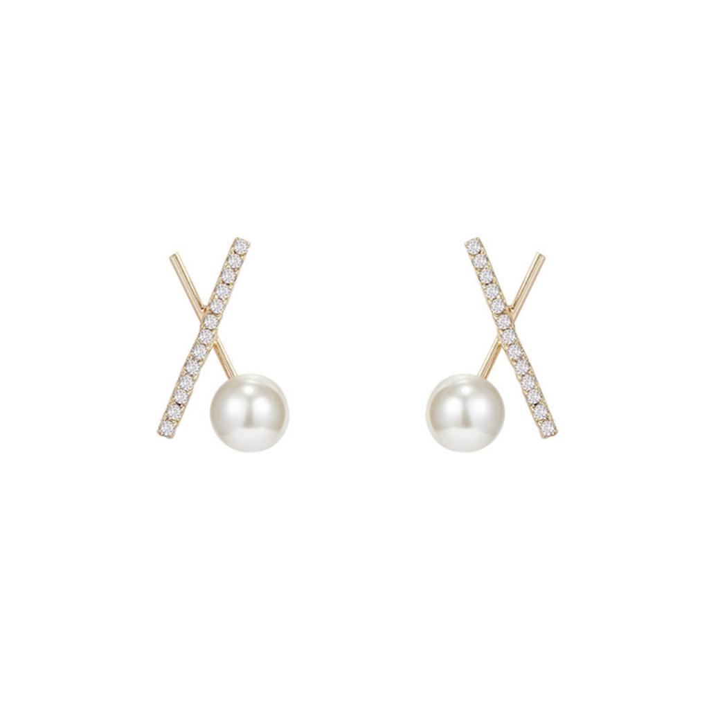 Cross Design Earrings with Cubic Zirconia Accents and Imitation Pearl Studs for Women Fashion Jewelry Accessories