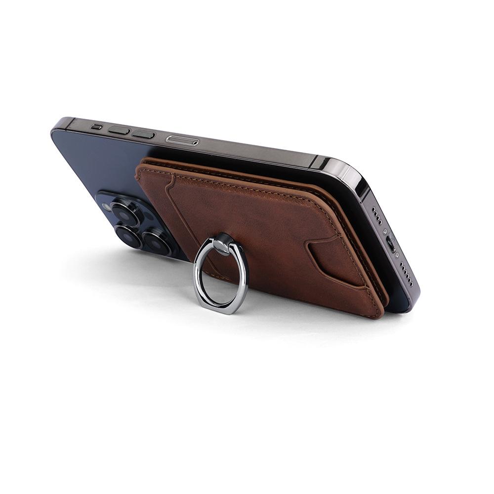 Compatible Apple MagSafe Leather Card Holder and Phone Stand with ID Storage and Finger Ring.