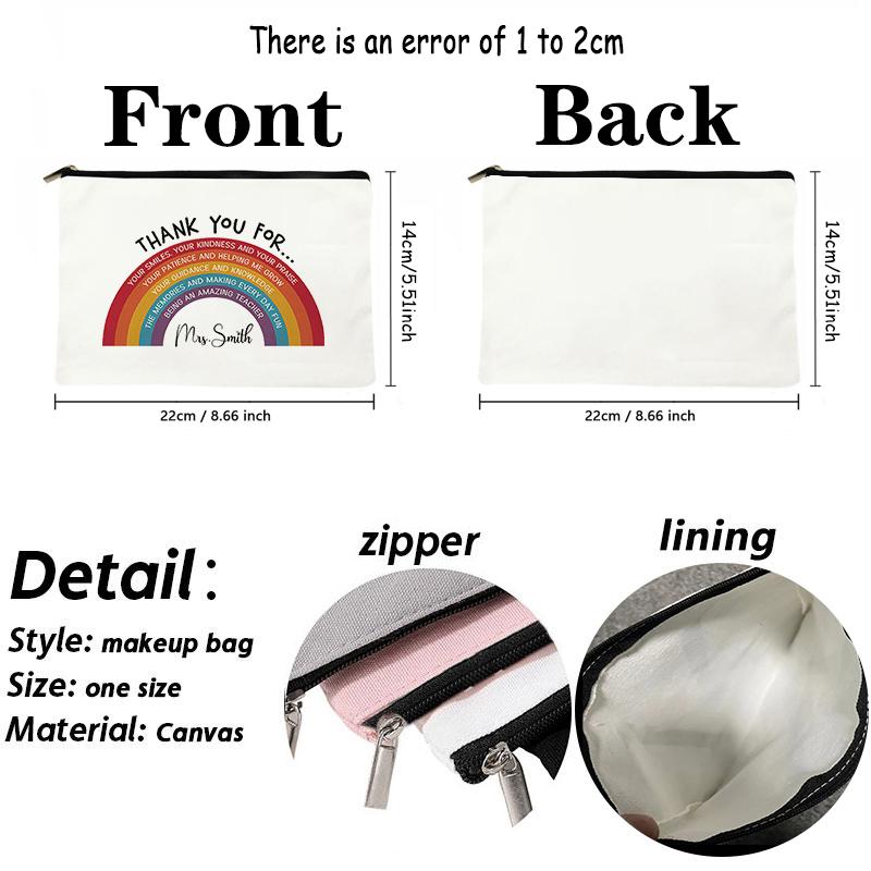 Rainbow Teacher Custom Name Canvas Cosmetic Bag Zipper Wallet Travel Perfume Lipstick Pouch Office Supplies Storage Pencil Case