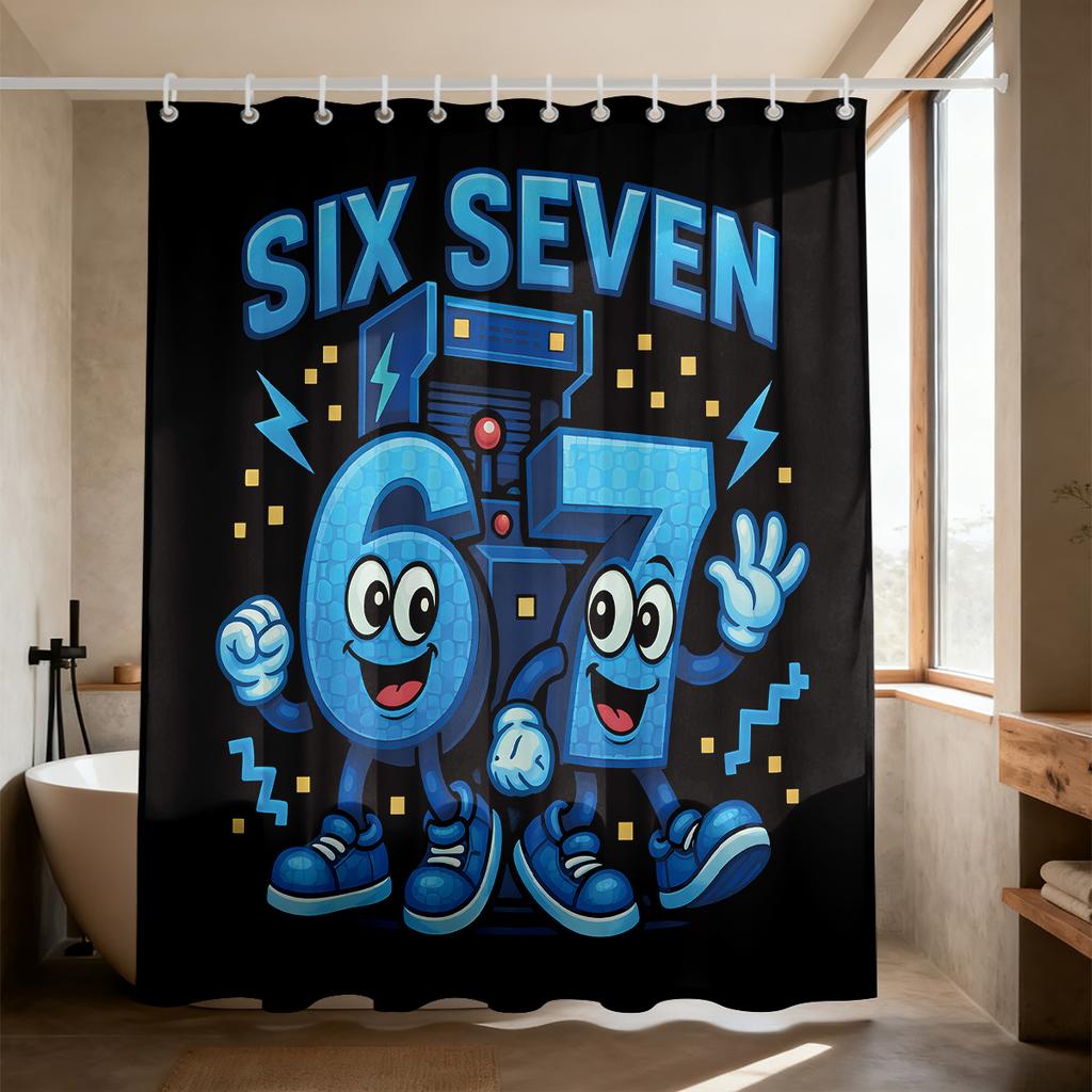 1Pc Punk Style 67 Element Printed Waterproof Shower Curtain Partition Privacy Hanging Curtain, 12 Hooks, Multiple Sizes
