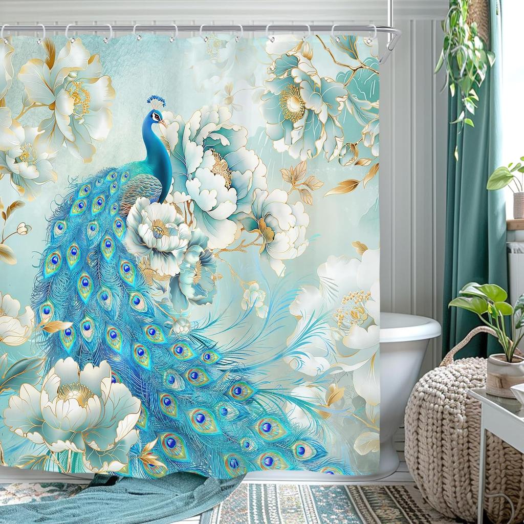 Peacock Floral Shower Curtain for Bathroom Decor 72Wx84H Extra Long Morden Teal Flowers White Gold Peony Rose Elegant