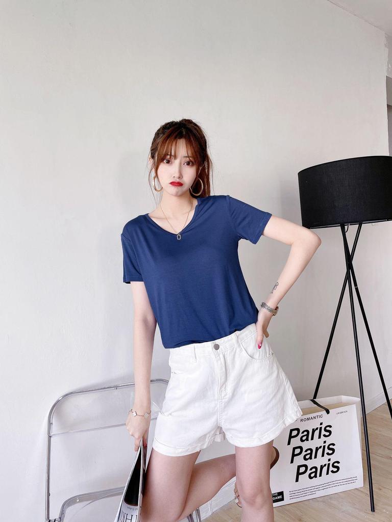 Women's Short-Sleeve Modal V-Neck White Ice Silk Loose T-Shirt