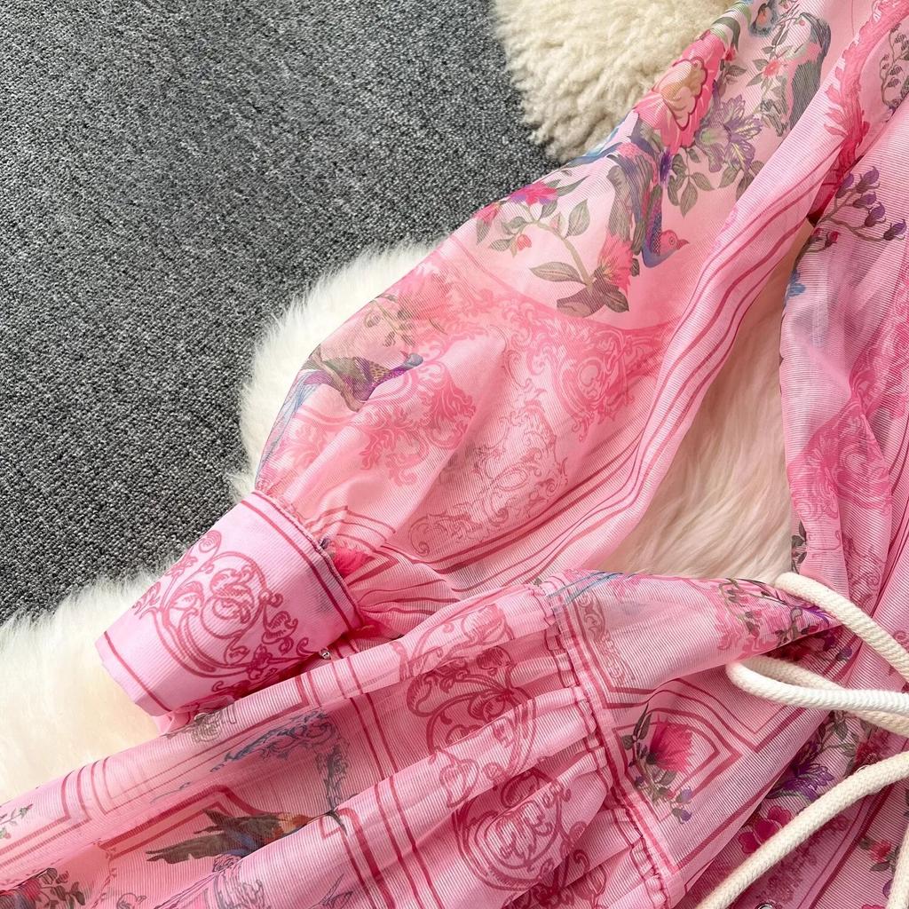 Jaro Léto Dovolená Květinový potisk Organza Plážové šaty Dámské Lampionové Rukávy Jednoduché Šněrování A Line Dlouhý Maxi Župan