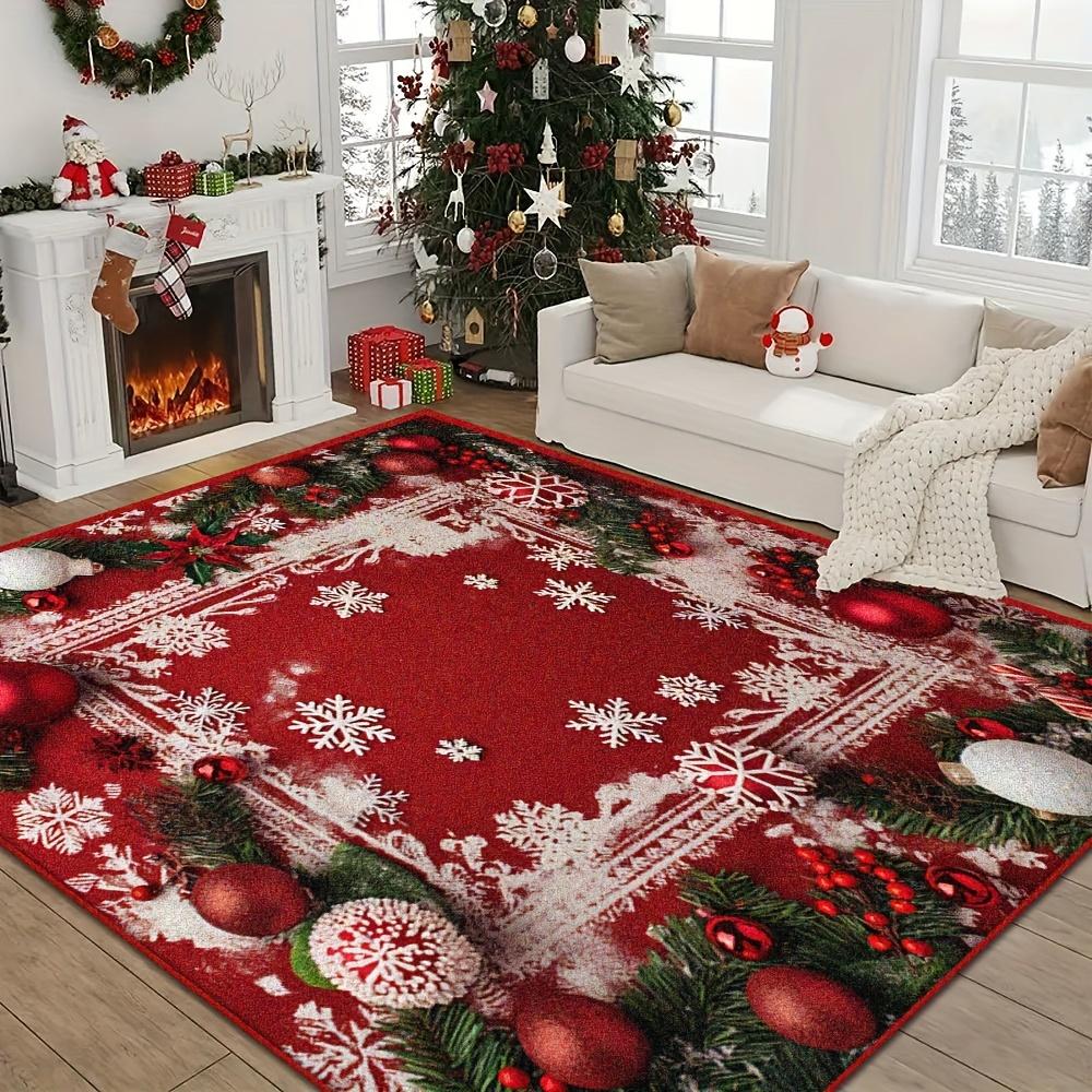 Red Christmas Floor Rug White Snowflake Border Design Mat For Bedroom Kitchen Decor