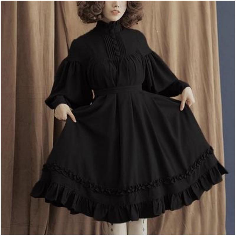 Women's Loose Standing Collar Lace Long Sleeve Button COS Clothing Solid Color Sweet Lantern Sleeve Long Dresses