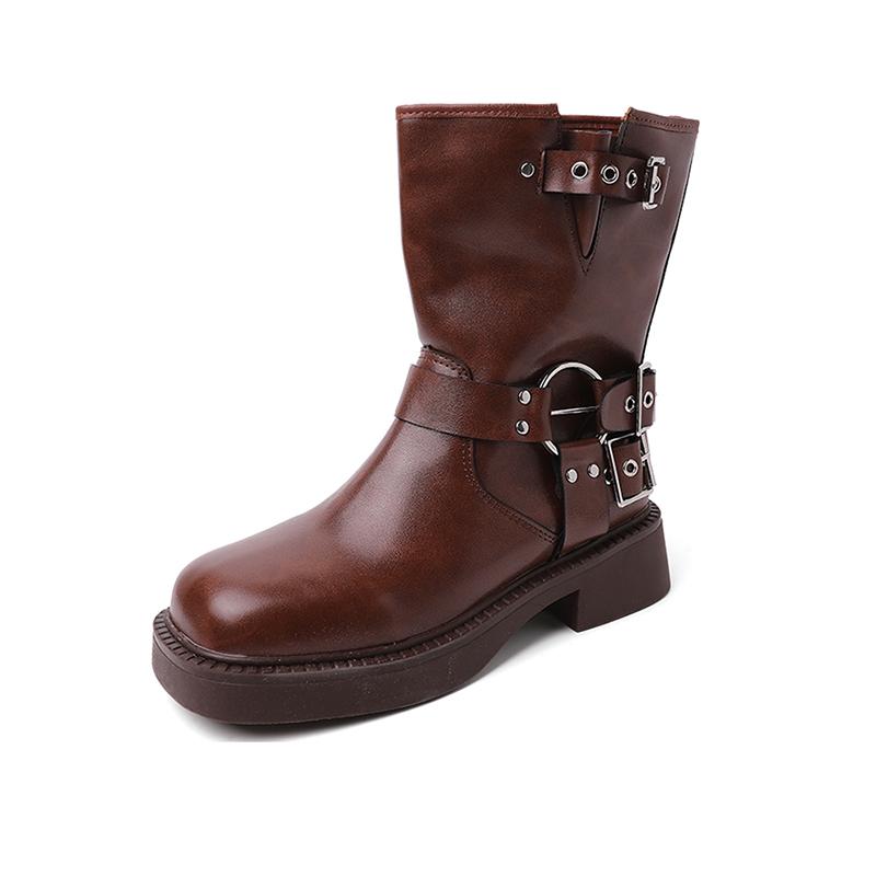 Fashion Vintage Women Western Cowboy Boots Fashion Belt Buckle Autumn Winter Shoes Female Slip On Low Heel Knight Booties