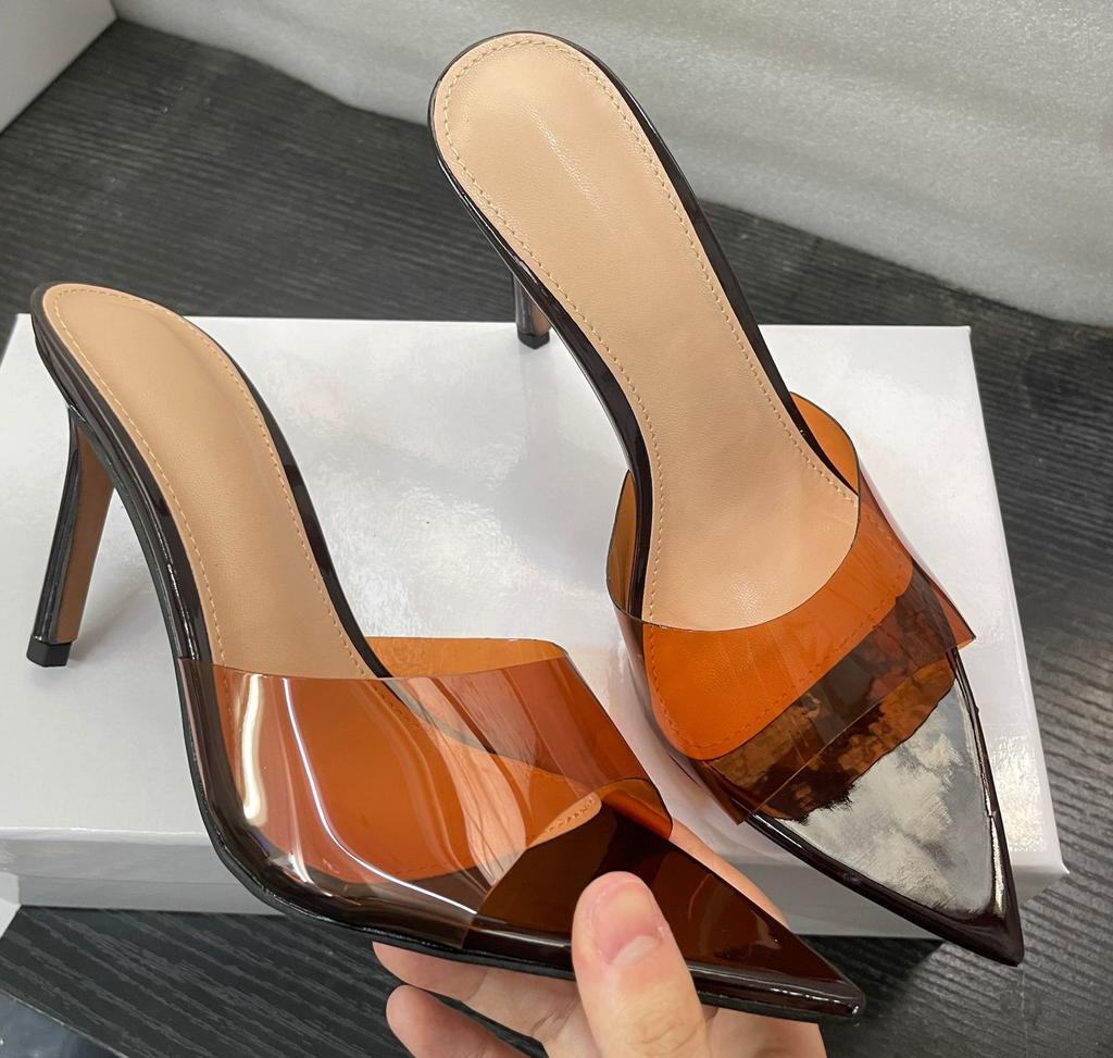WO Huizhou new European and American women's shoes simple nude transparent one-word high heels thin heels pointed not tired feet versatile