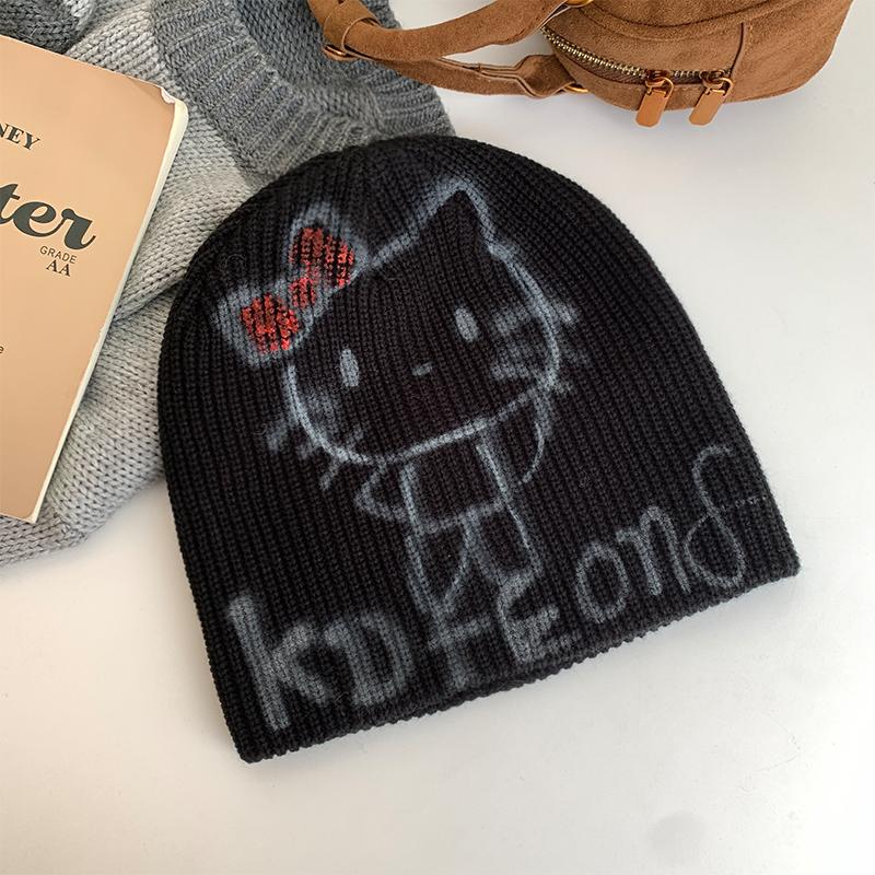 Cute kitty cat knitted hat women's autumn and winter warm ear protection hat showing face small bag head hat fashionable versatile cold hat