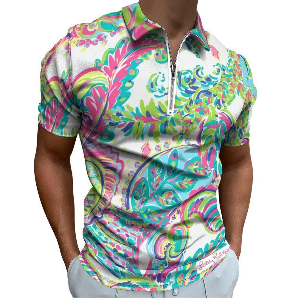 Vibrant Print Short Sleeve Zip Neck Polo, Casual Daily Top