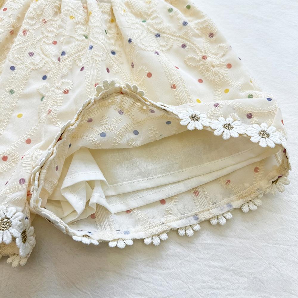 Girls Summer Hollow Out Peter Pan Collar Polka Dot Top With Daisy Embroidered Shorts Two Piece Set