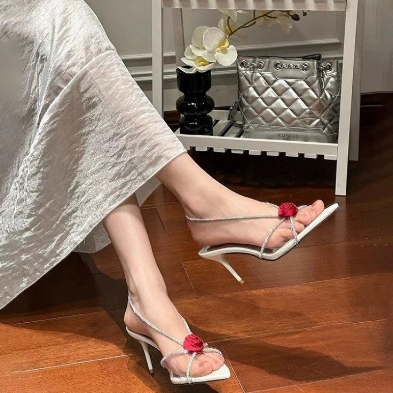 Fashion Rose Rhinestones One Strap Women High Heel Sandals Sexy Transparent Pointed Toe Thin Heel Pumps Ladies Wedding Dress Shoes