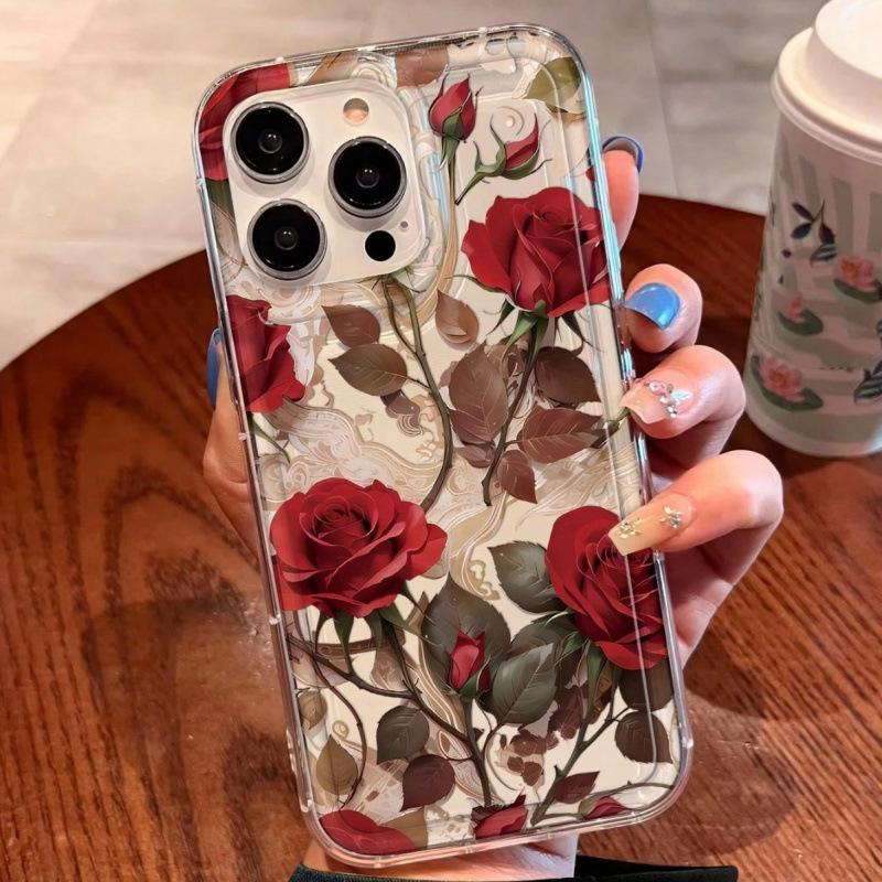 Blooming rose branches are suitable for iPhone16pro Apple 15 Pro mobile phone case 14 transparent 13 airbag 12 burst 11