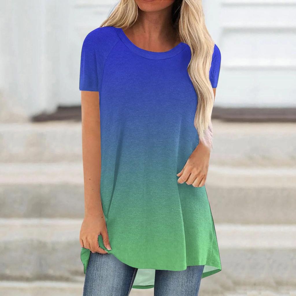 Gradient Color 3D Print Long T-Shirts Women Casual Streetwear Oversized O-Neck Short Sleeve T Shirt Y2K Tops Tees Woman Clothing
