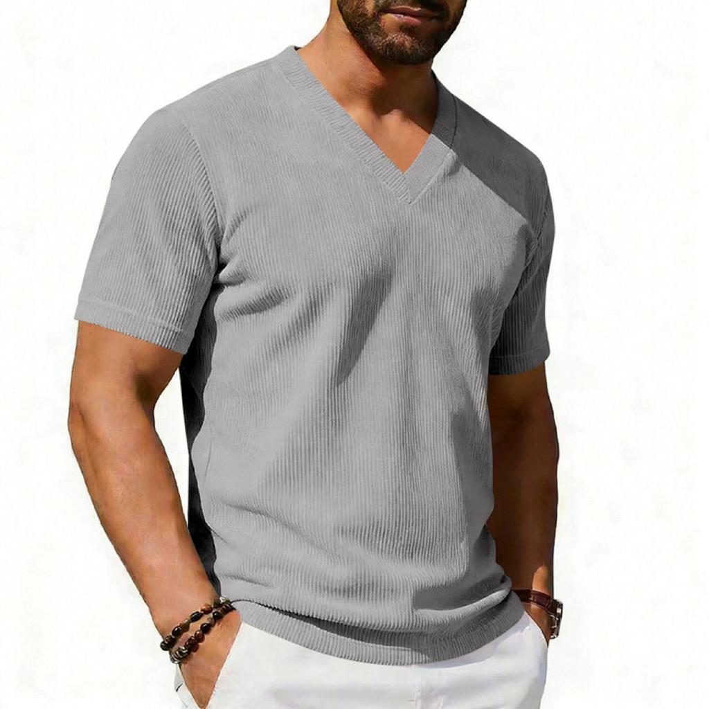 Men's V Neck Short Sleeve Knit Top Lightweight Ribbed Pullover Soft Texture Casual Classic Fit Summer Shirt