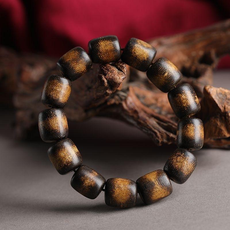 Natural high-end lightning-striken Dalagan golden thread agarwood bracelet, old material black oil Buddhist beads for women and men