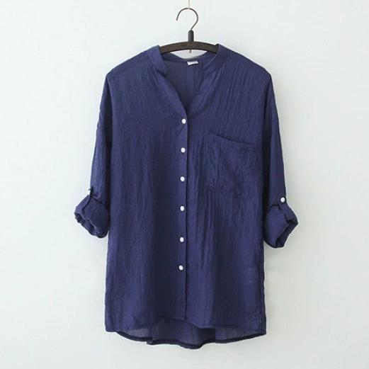 

Women s Japanese Style Sun-Protective Linen Shirt Loose 3/4 Sleeve Stand-Up Collar Fresh and Comfortable Linen Blend 3XL синій