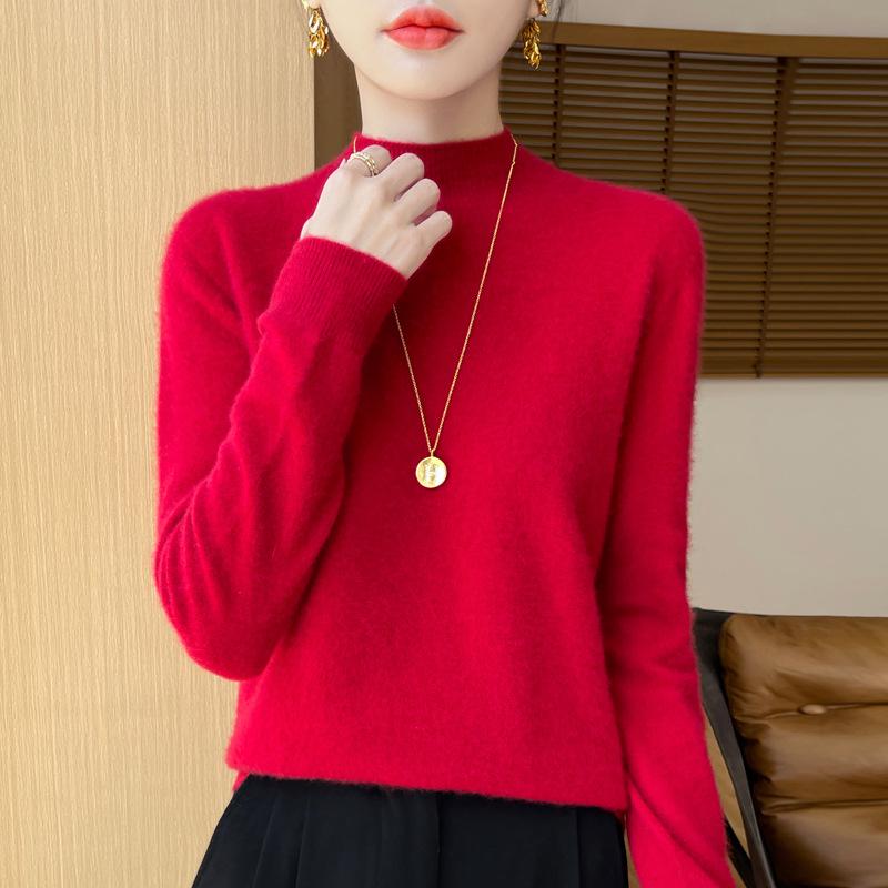 Women's Soft Pure Wool Sweater - Half-High Neck, Slimming, Fashionable, Skin-Friendly Knit