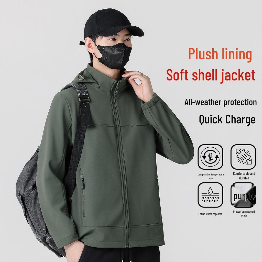 Men's Winter Softshell Jacket with Detachable Hood, Fleece-Lined, Windproof, and Warm - Plus Size Available