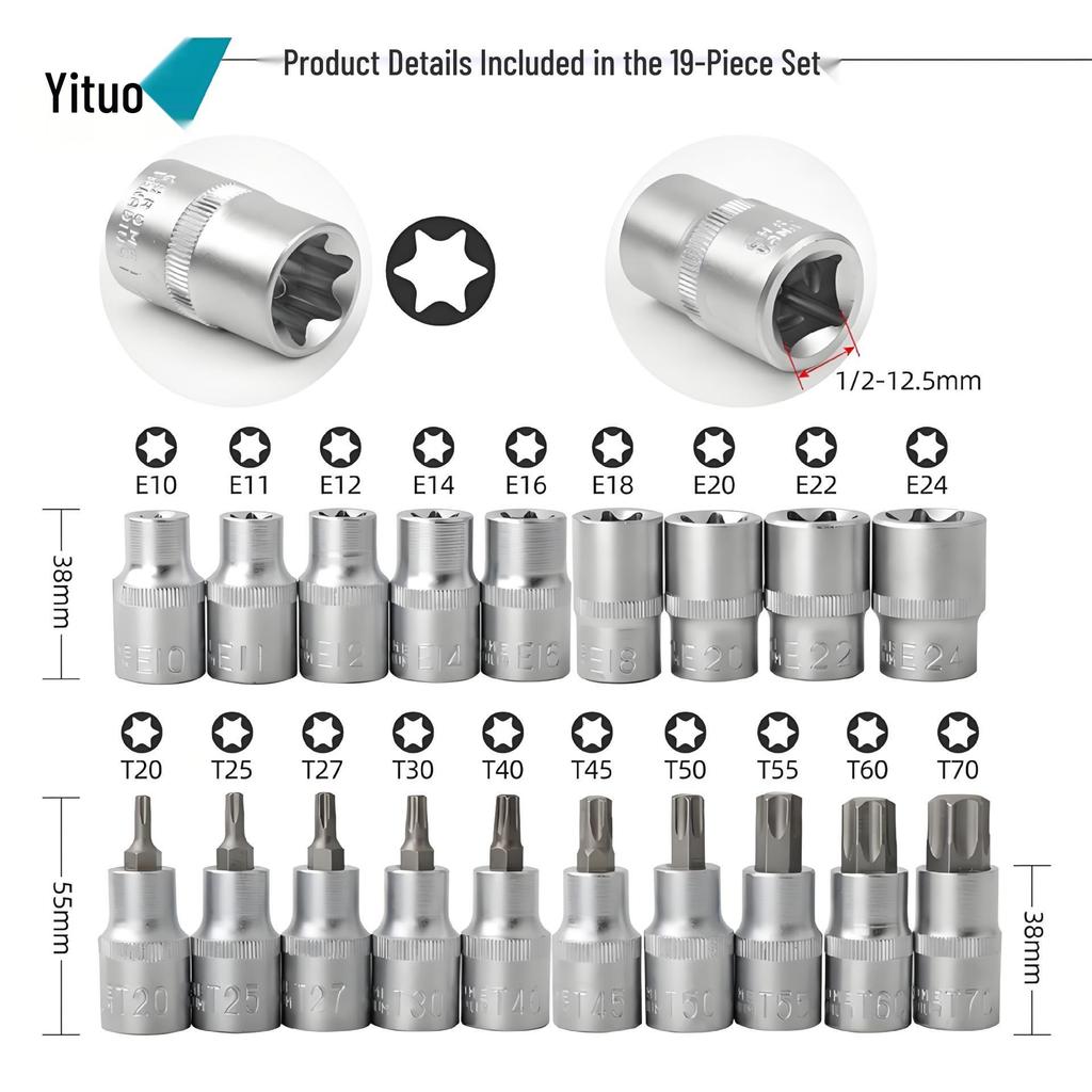 19-Piece Socket Bit Set, Chrome-Vanadium Steel, Imperial, Professional Auto Repair Tools - In Stock