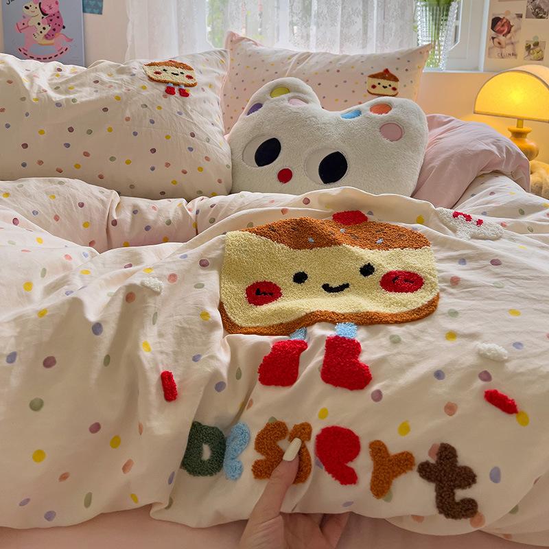 Håndkle Brodert Laken Dynetrekk Seng 4 stk Sett Vasket Bomull Student Tredelt Sett Sengetøy