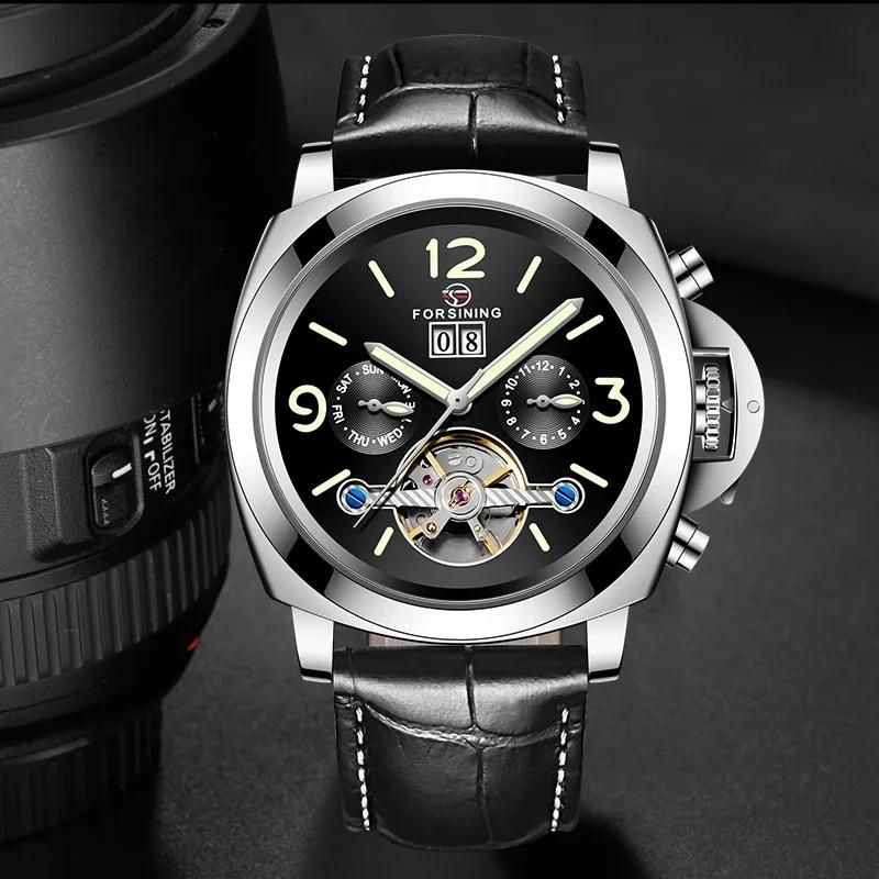 Forsining Top Automatic Men's Watch Mechanical Watch Tourbillon Men Sport Luminous Clock Male Leather Retro Wristwatch